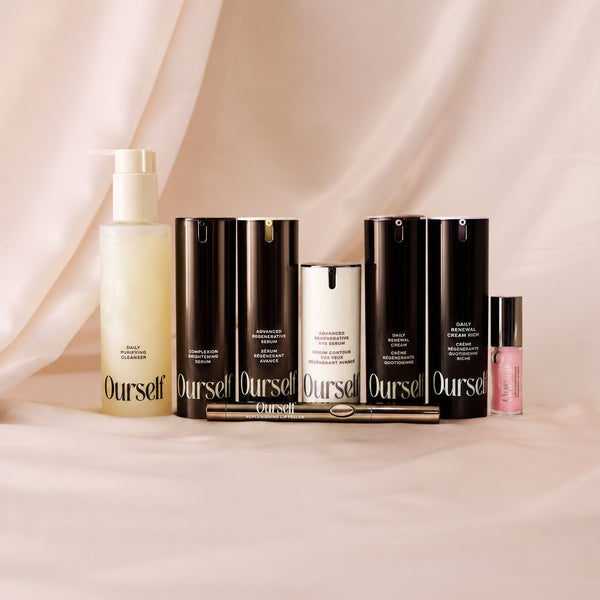 Ourself Complete Collection: cleanser, serums, eye serum, creams, lip filler and lip conditioner grouped together