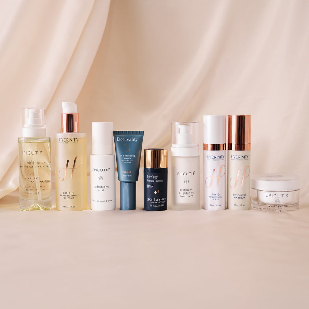 Pregnancy-safe aging and pigment bundle: Epicutis Oil Cleanser, Hydrinity Prelude Cleanser, Epicutis Hydrobiome Mist, Face Reality L-Mandelic Serum, SkinBetter Science InterFuse Lines, Epicutis Arctigenin Treatment, Hydrinity Vivid Brightening and Restorative HA Serums, Epicutis Hyvia Creme